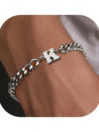 1pc Men's Stainless Steel Cuban Chain Initial Alphabet Letter Adjustable Bracelet, Versatile & Fashionable