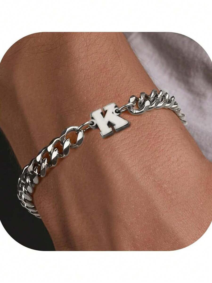 1 件男式不锈钢链首字母可调节手链，百搭时尚