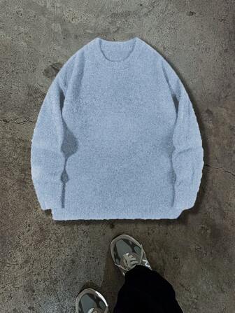 宽松休闲针织毛衣，秋冬季保暖男女通用高街宽松套头衫，简约设计插肩袖纯色圆领毛衣