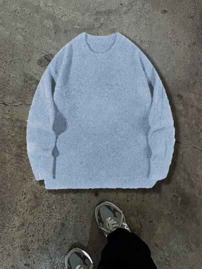 Suéter de tricô casual oversized, pulôver unissex de modelagem ampla e quente para outono/inverno, com design minimalista, mangas raglan, cor sólida e gola redonda.