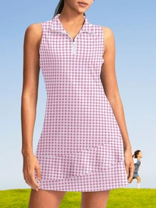 Women Golf Tennis Dress, Summer Sleeveless Sports Dress, Zipper Printed Female Apparel