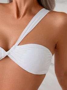 Women's Sexy White Asymmetrical Neck 3-Piece Bikini Set Summer - White - View 4