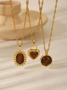 1 pieza Collar colgante de acero inoxidable con gema vintage marrón, collar con colgante ovalado con forma de sol y corazón chapado en oro con rhinestones, adecuado para uso diario o festivales, regalo de joyería para mujeres