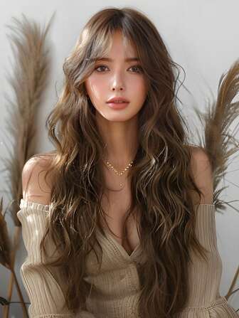 時尚長捲28英寸棕色帶瀏海假髮。合成纖維髮，優雅休閒耐高溫派對日常使用