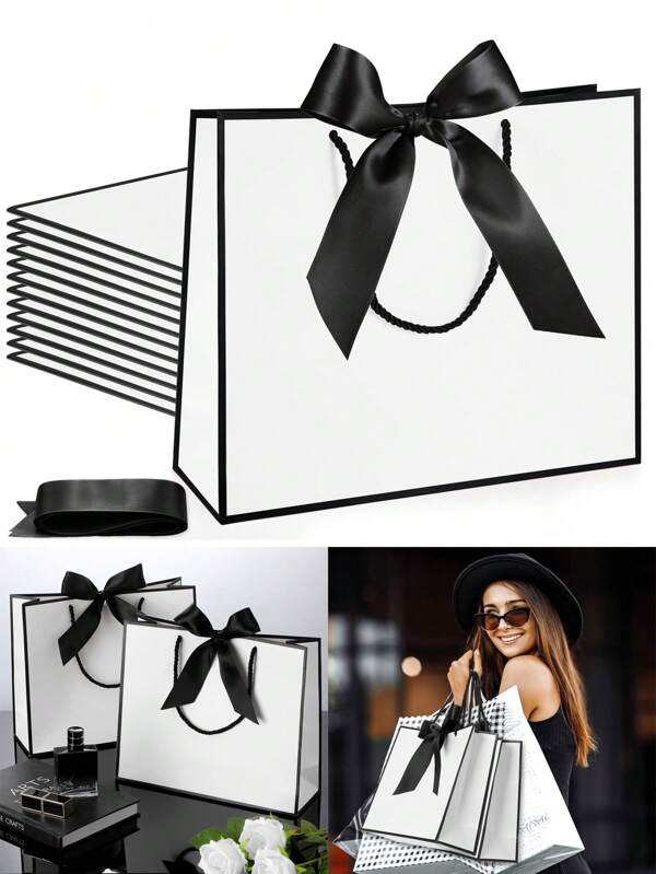5pcs/1pc-Landscape-Style Kraft Paper Gift Bags, Shopping Bags, Packaging Bags With Handles, Bow-Decorated Handbags, Trick Or Treat, Halloween, White Large-Capacity Paper Bags, Halloween, Thanksgiving, Christmas, New Year, Wedding, Birthday Gift Packaging Bags, Simple Solid-Color Shopping Bags