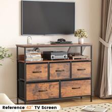 Bedroom Chest Of Drawers, Fabric Dresser Of 5 Drawers With Open Shelve, Dresser TV Stand With Metal Frame And Wood MDF Board, Versatile Storage Solution For Bedroom And Living Room Rustic Brown