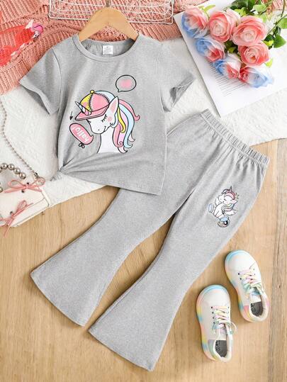 2pcs Girls Summer Fashion Outfit Set: Children Round Neck Short Sleeve T-Shirt + Elastic Waist Pants, Breathable Soft Comfortable Young Girl Summer Clothes