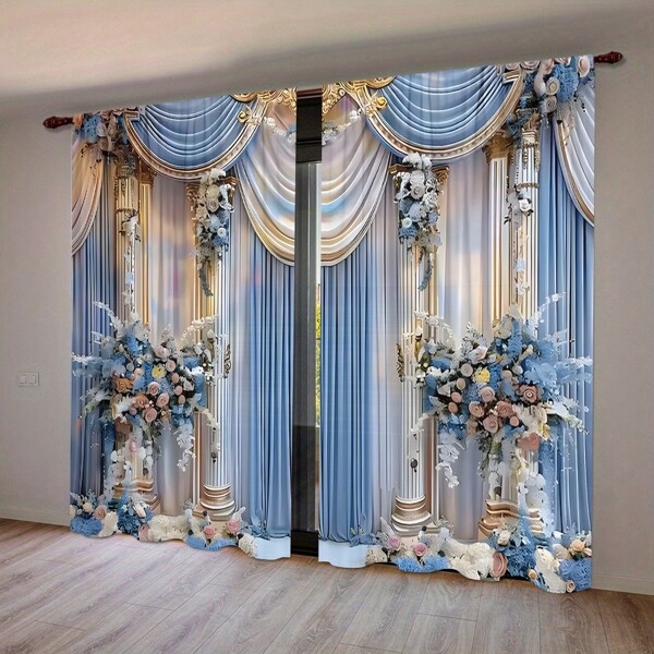 2 piezas, Columnas florales falsas en color oro y azul, tipo de instalación de barra de bolsillo, cortina impresa digitalmente, material de poliéster, adecuado para sala de estar, cocina, dormitorio, estudio, baño, hotel, restaurante, decoración del hogar