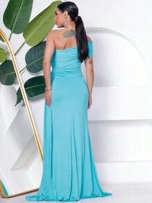 Long Women's Party And Event Dress Elegant Bridesmaids And Guests Fluity Knit With Lined Cup One Shoulder Unilateral Zero Sleeve Detail At The Waist Fluid Draped Shoulder One Size Fits 36 To 42 - 薄荷藍 - 查看 2