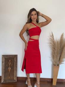 Modal Side Slit Midi Skirt Set And Cropped Mula Manca Trico Moda Gringa One Strap Moura Tricot - Đỏ - Xem 8