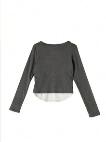 蝴蝶结刺绣二合一长袖 T 恤，女式褶皱腰修身上衣 - 深灰色 - 查看 3