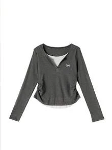 蝴蝶结刺绣二合一长袖 T 恤，女式褶皱腰修身上衣 - 深灰色 - 查看 4