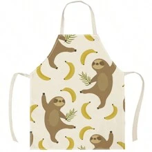 1pc Linen Apron With Banana, Sloth Pattern, Creative Funny And Fashionable Print For Home Cleaning, Waterproof, Oil-Proof, Easy To Clean, Suitable For Kitchen Cooking, Baking, Work Wear