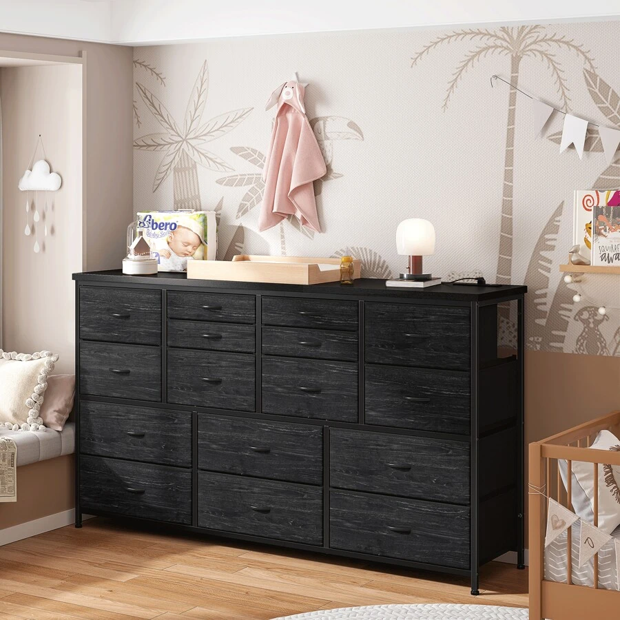 Long Dresser With 16 Fabric Drawers And Wood Top , Sturdy TV Stands With Power Outlet & USB For Bedroom, Living Room, Media TV Console Table With Storage, Black Wood Grain Print - 黑色 - 查看 1