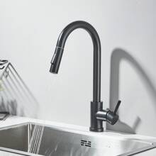 Matte Black Kitchen Sink Faucet Pull Out Sprayer Single Handle Single Hole Mixer Tap - Black - View 6