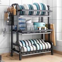 3 Tier Dish Drainer Rack With Drip Tray Cutlery Holder Plate Rack Kitchen Sink - Black - View 7