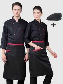 Set 3 Piezas Chaqueta De Chef Unisex De Manga Larga, Paquete Chef + Gorro De Cocina + Mandil, Uniforme De Chef De Cocina, Manga Larga, Rayas De Moda
