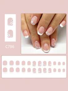 24pcs Short Square French Fake Nails, Glossy Short Square Nails Floral Minimalist European And American Style For Fair Skin Tones, Full Coverage Removable Manicure Set For Party, Dance, Daily Wear Press On Nails