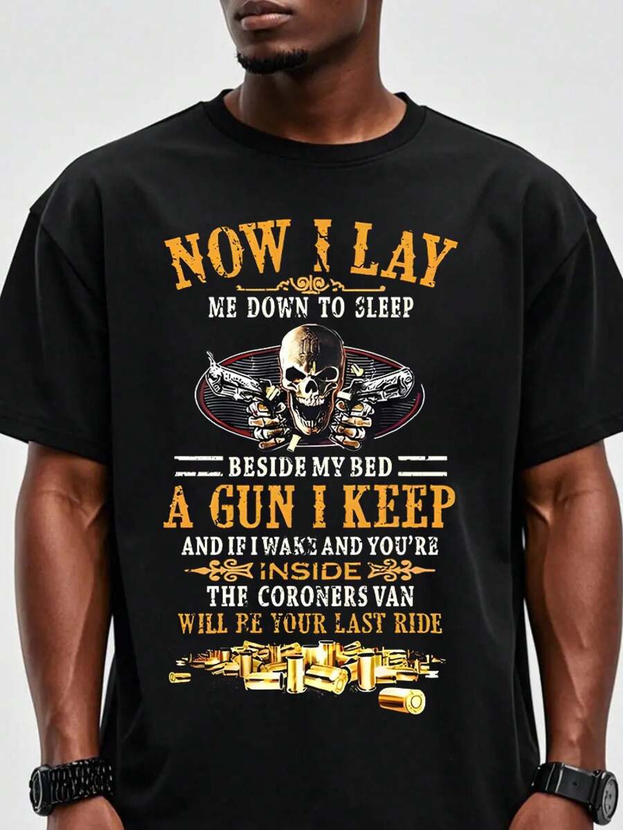 Now I Lay Me Down To Sleep Beside My Bed A Gun I Keep Funny Quote Graphic Print T-Shirt - Casual Shirt, Unisex Shirt, Soft Fabric, Breathable, Comfortable, Short-Sleeved Retro - màu đen - Xem 1