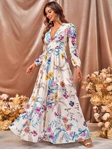 Women's V-Neck Random Floral Print Elegant Long Sleeve Long Slit Dress Spring Summer - Multicolor - View 5