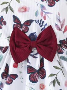 2pcs/Set Baby Girl Butterfly Print Round Neck Cap Sleeve & Solid Ribbed Minimalist Cute Outfits, Spring/Summer