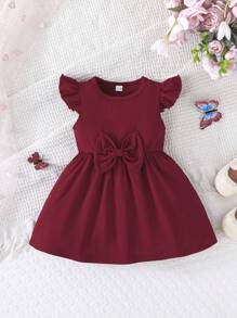 2pcs/Set Baby Girl Butterfly Print Round Neck Cap Sleeve & Solid Ribbed Minimalist Cute Outfits, Spring/Summer