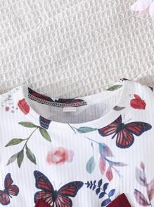 2pcs/Set Baby Girl Butterfly Print Round Neck Cap Sleeve & Solid Ribbed Minimalist Cute Outfits, Spring/Summer