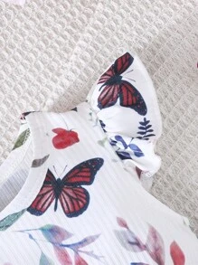 2pcs/Set Baby Girl Butterfly Print Round Neck Cap Sleeve & Solid Ribbed Minimalist Cute Outfits, Spring/Summer