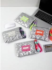 1 Piece 可爱银色零钱包带手柄银色斜纹心形零钱包可爱腕带化妆包便携式短钱包银色蝴蝶结装饰可爱零钱包绗缝零钱包配马卡龙手柄化妆包旅行圣诞礼物感恩节 - 彩色 - 查看 4