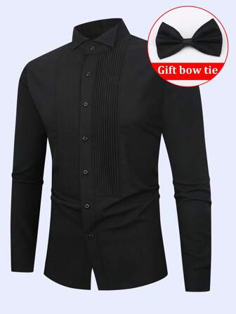 男士新款纯色燕领衬衫，男士燕领派对新郎伴郎正式衬衫，适合婚礼、音乐会演出等场合，包含一条随机黑色领结，商务正装风格，适合秋季穿着，长袖上衣