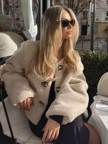 Round Neck Spring Buckle Fleece Jacket For Women Autumn And Winter Fashionable Warm Plush Jacket - Beige - View 1