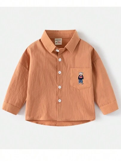 男童春秋刺绣小熊纽扣衬衫