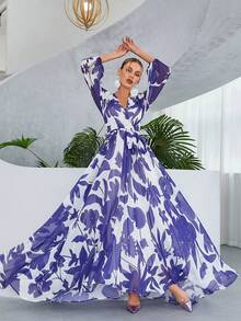 春夏优雅随机印花灯笼袖特长及地长裙 - 藍白色 - 查看 6