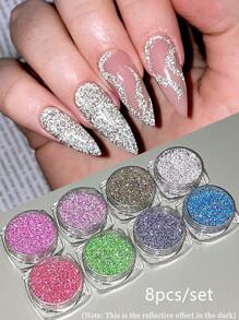 8/6/4pcs Reflective Nail Powder, Gold, Silver, Pink, Glitter In The Dark, Holographic Nail Design, Y2K Party, Cute And Charming Nail Decoration, DIY Nail Salon Nail Supplies - Multicolor - View 13
