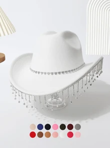 1 peça chapéu de cowboy ocidental com borla de gota d'água e coração de cor sólida, decoração de strass, chapéu de viagem casual, adequado para festa/casamento/performance de palco, presente de dia dos namorados