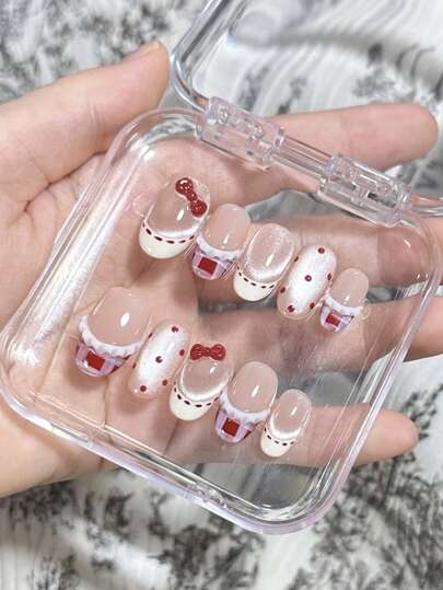 10 件纯手工按压指甲短椭圆形指甲红白指甲可爱甜美闪光适合女性和女孩，夏季、假日和日常生活使用美甲用品指甲