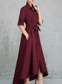 Women's Solid Color Single-Breasted Casual Shirt Waist A-Line Dress, New Autumn/Winter Collection