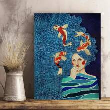 1PC Framed Girl Goldfish Ripple Oil Painting, Blue Polka Dot Painting Suitable For Home Decoration - Blue - View 8