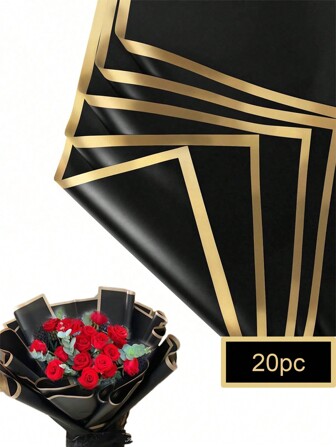20 قطعة ورق تغليف أزهار بحافة ذهبية وردية اللون مقاوم للماء، بتصميم وردي وأسود على الطراز الكوري للهدايا والتزيين الزهري، مناسبة لعيد الحب، عيد الأم، أعياد الميلاد، عيد الميلاد