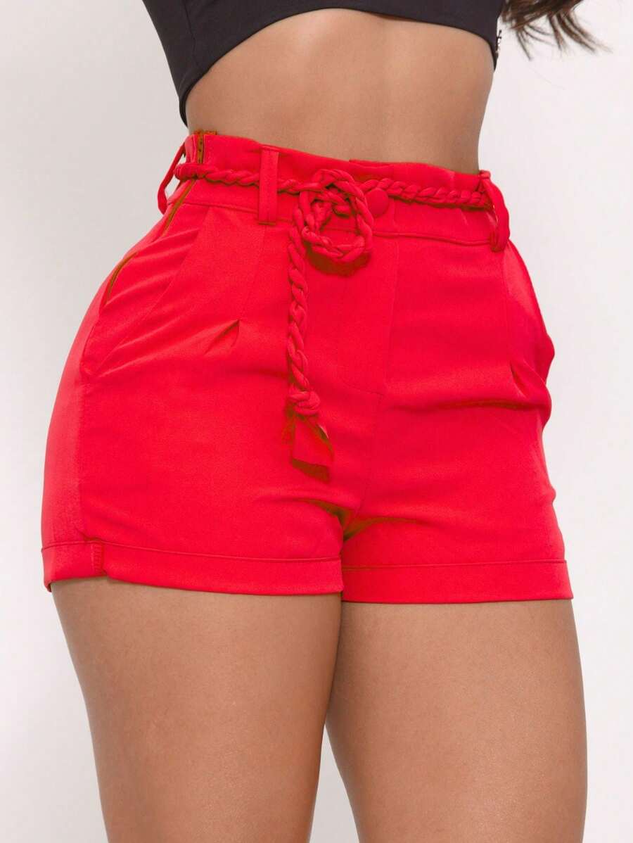 WOMEN'S TAILORED SHORTS IN LIGHTWEIGHT, REINFORCED FABRIC WITH FOLDED EDGE AND BODY-FORMING BELT - 紅色 - 查看 1
