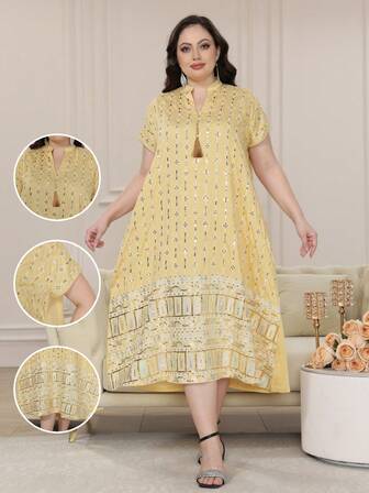 Vestido elegante para talla grande en color dorado con bordado y cuentas para Ramadán, Jalabia árabe con escote en V y dobladillo con flecos bordados para primavera/verano 2025