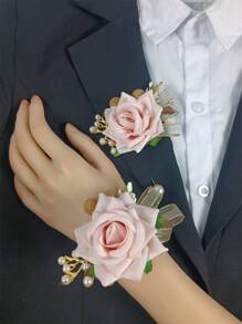 2件組金色珠飾與仿珍珠同色系聚酯纖維手腕花飾與胸花組合，花卉裝飾，適用於婚禮、夏季、新郎胸花、新娘伴娘手腕花飾 - 彩色 - 查看 7