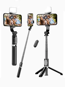 1 pezzo Bastone per selfie con luce supplementare, bastone per selfie estensibile per smartphone, treppiede per smartphone con telecomando senza fili, rotazione a 360° per iPhone/smartphone Android