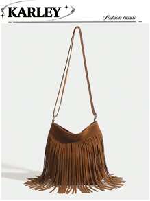 1 pieza Bolso saco de mujer vintage con flecos, bolso bandolera pequeño reversible con flecos