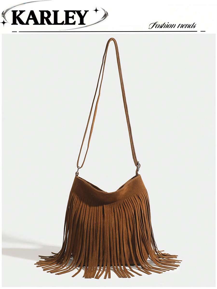 1 pieza Bolso saco de mujer vintage con flecos, bolso bandolera pequeño reversible con flecos