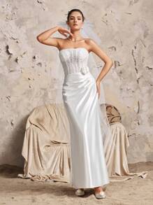 Váy cưới hở vai đính hạt sequin thêu HEARBOBO tuyệt đẹp bằng vải satin trắng, váy cưới đuôi cá màu trắng cho cô dâu - trắng - Xem 7