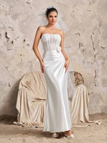 Váy cưới hở vai đính hạt sequin thêu HEARBOBO tuyệt đẹp bằng vải satin trắng, váy cưới đuôi cá màu trắng cho cô dâu - trắng - Xem 8