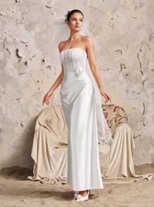 Váy cưới hở vai đính hạt sequin thêu HEARBOBO tuyệt đẹp bằng vải satin trắng, váy cưới đuôi cá màu trắng cho cô dâu - trắng - Xem 9