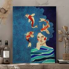 1PC Framed Girl Goldfish Ripple Oil Painting, Blue Polka Dot Painting Suitable For Home Decoration - Blue - View 4