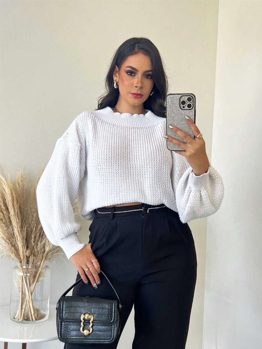SELINE Women's Elegant Knitted Basic Cold Weather Blouse - 白色 - 查看 1
